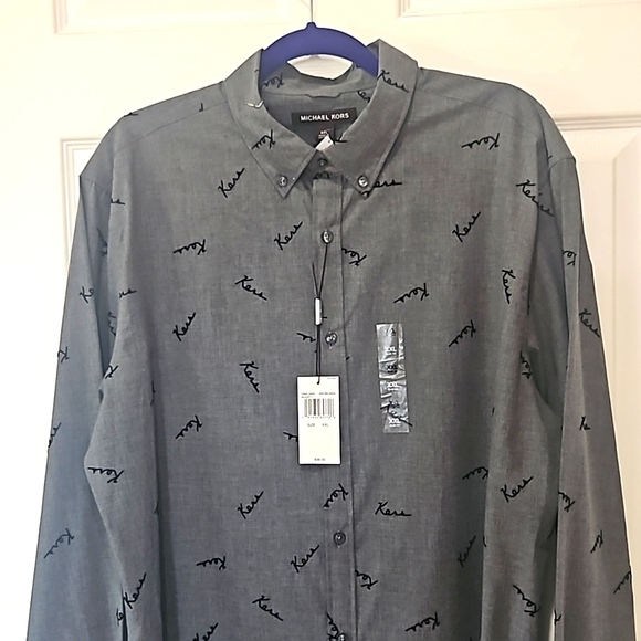 MICHAEL KORS MAN Slim fit, Script Logo Print Flocked Long sleeve Shirt Size XXL - Picture 3 of 12